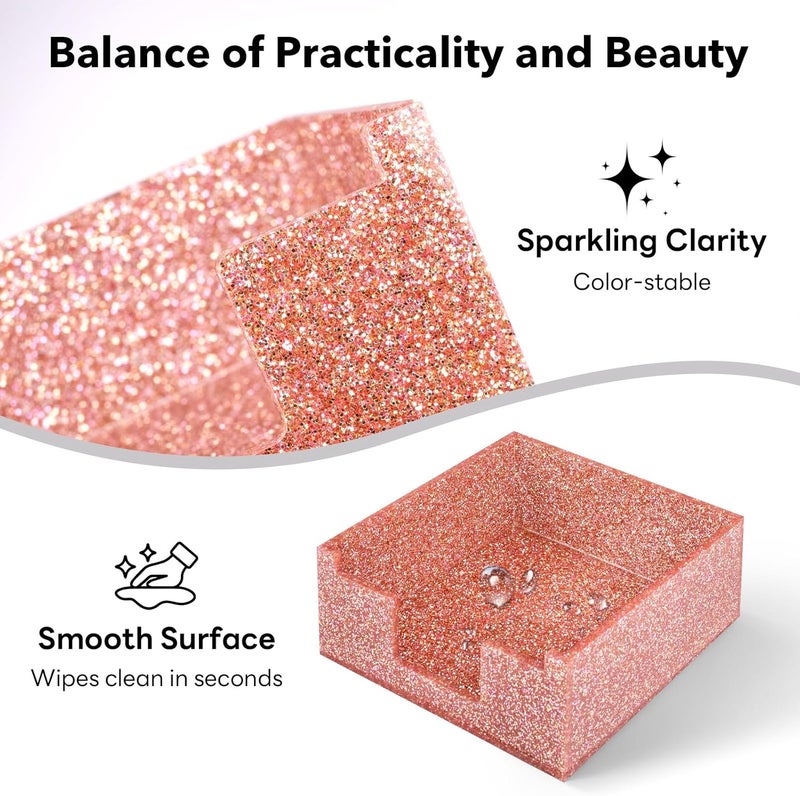 Luminzo Light Pink Sparkling Sticky Note Holder, Glitter Acrylic Organizer, 3.94 x 3.94 in Multi-Use Tray for Office, School & Home Desk - Image 4